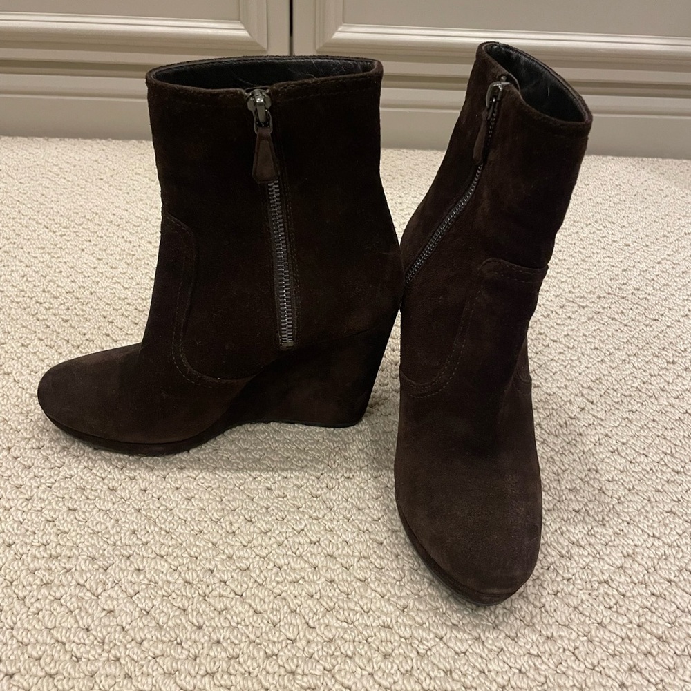 Prada Linea Rossa Brown Suede Wedge Booties Sz 37/6.5